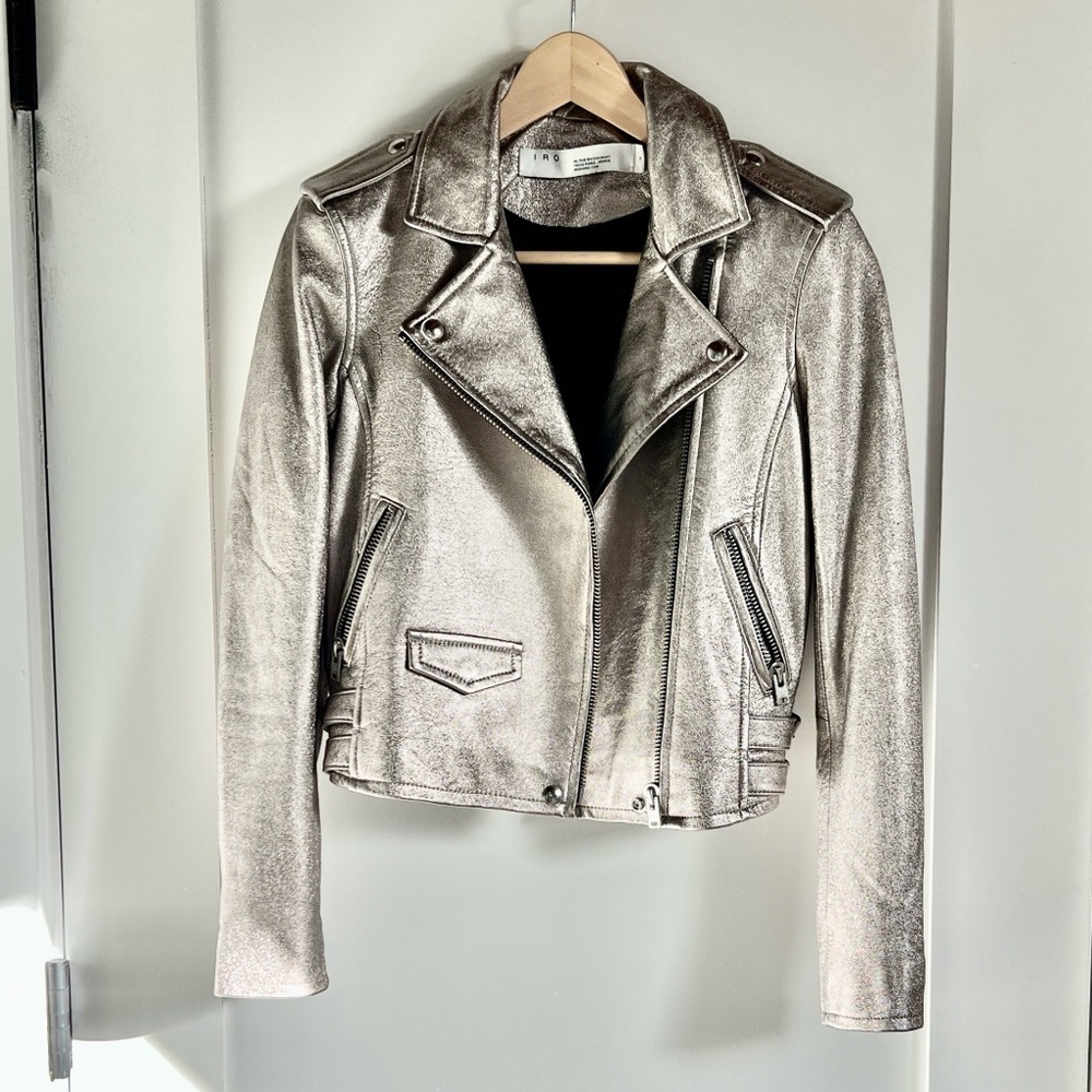 IRO Paris Metallic Silver Leather Moto Jacket – EU 36 (XS)